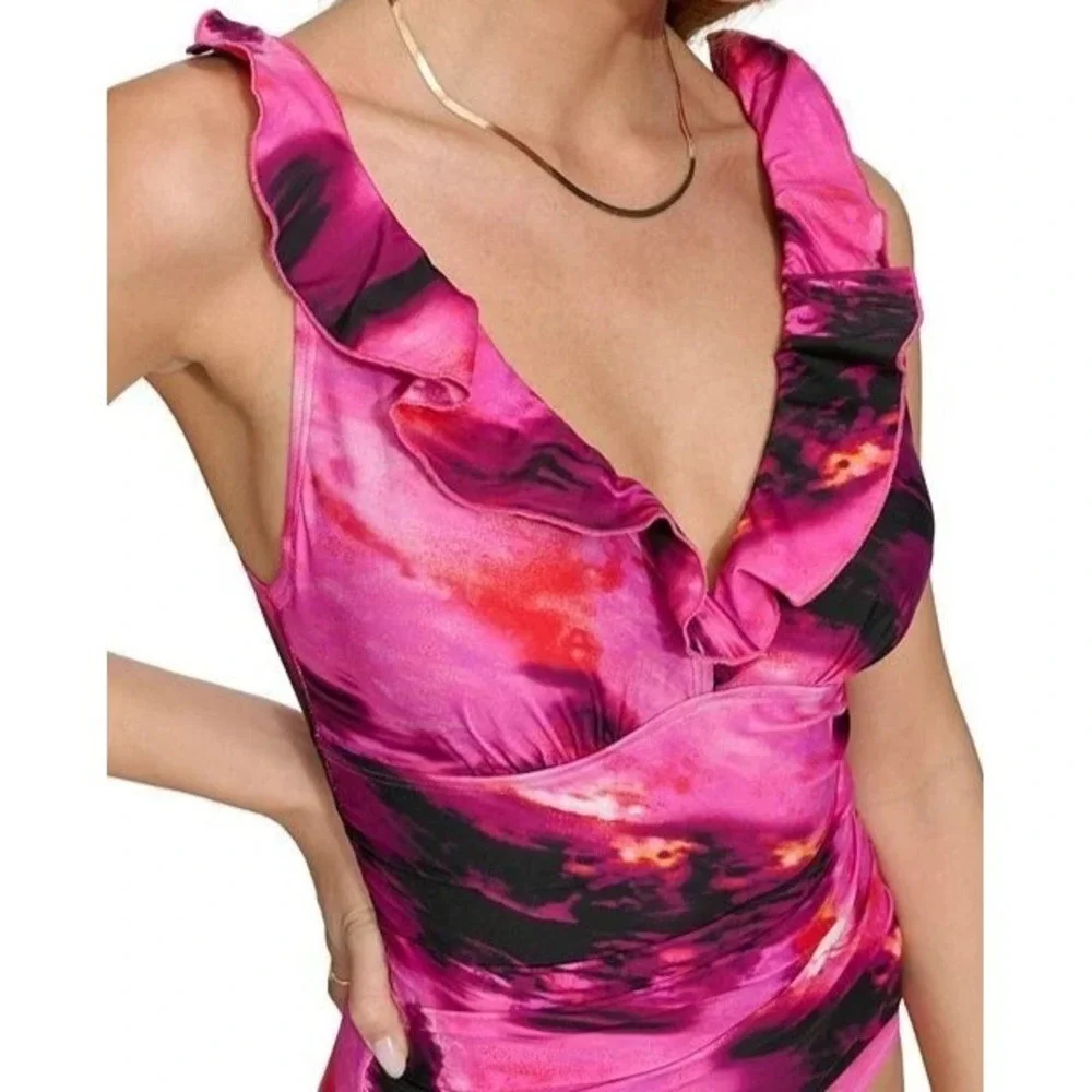 DKNY Ruffle Plunge Tummy Control 1 Piece Swimsuit Womens XL Fushia/BlacK NWT - Picture 4 of 13